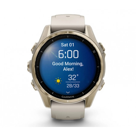 fenix 8 – 43 mm, AMOLED Sapphire, Soft Gold with Fog grey/dark sandstone silicone band (010-02903-11)
