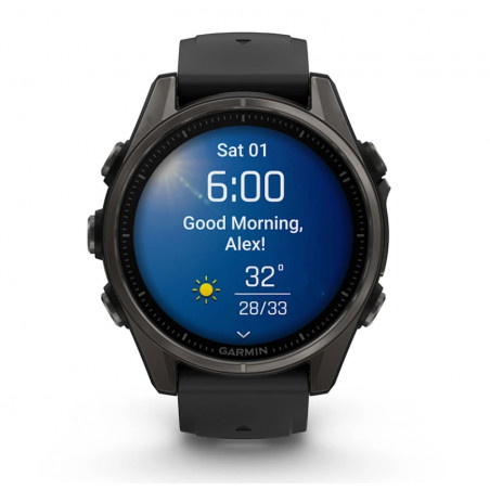 fenix 8 – 43 mm, AMOLED Sapphire, Carbon grey DLC titanium with Black/pebble grey silicone band (010-02903-21)